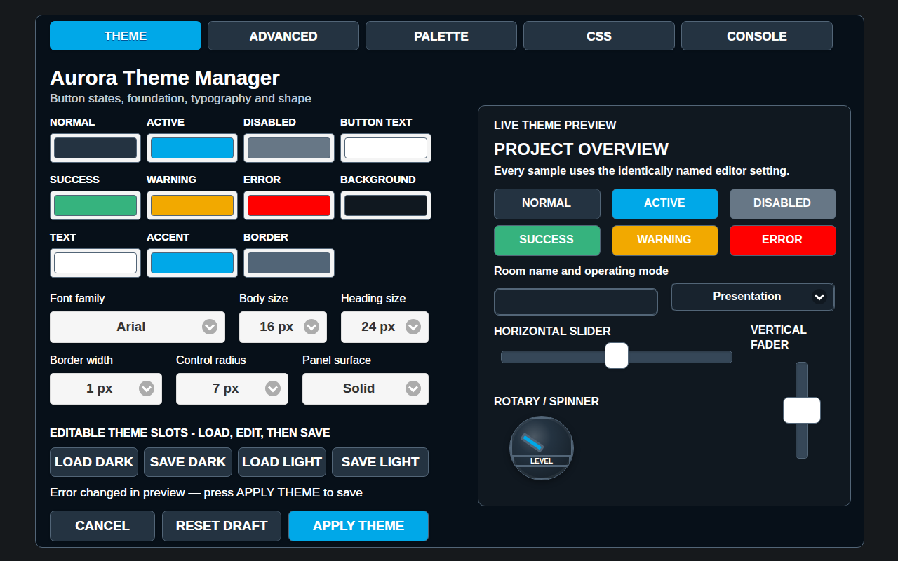 Theme tab with live component preview