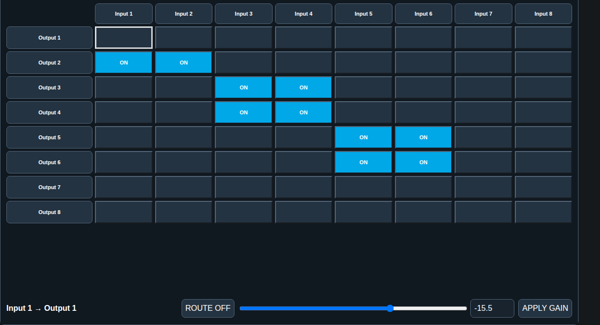 DTX module matrix routing interface running on an RXT-8D