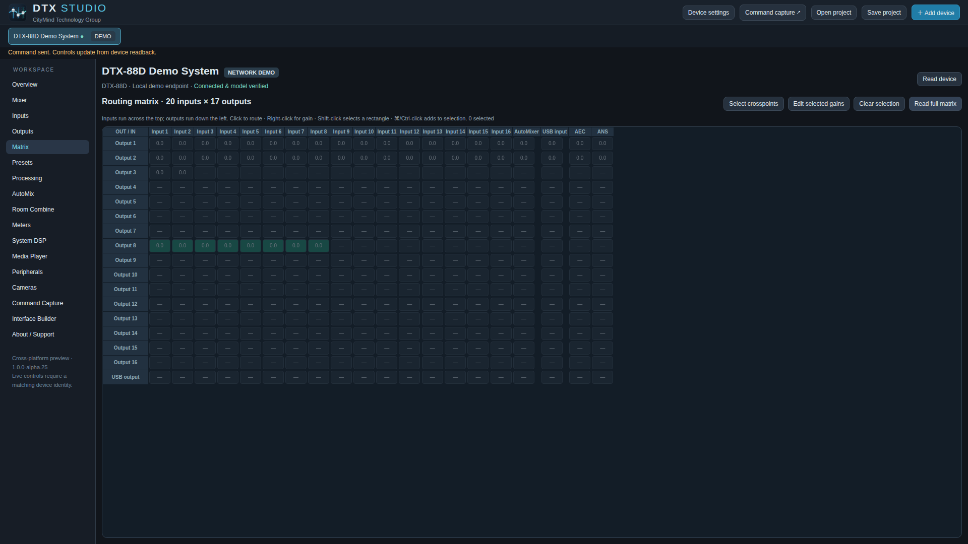 DTX Studio matrix routing workspace
