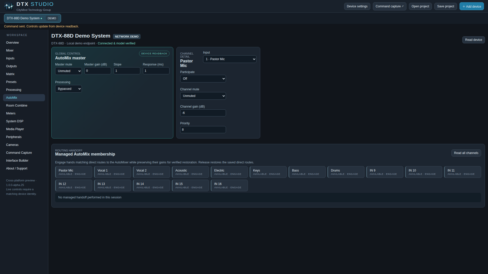 DTX Studio managed AutoMix workspace